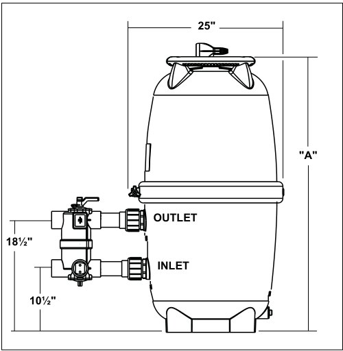 Jandy DEL48 DE Filter — Manufacturer dimensional illustration of the legacy DEL filter family; tank height varies between DEL48 and DEL60.