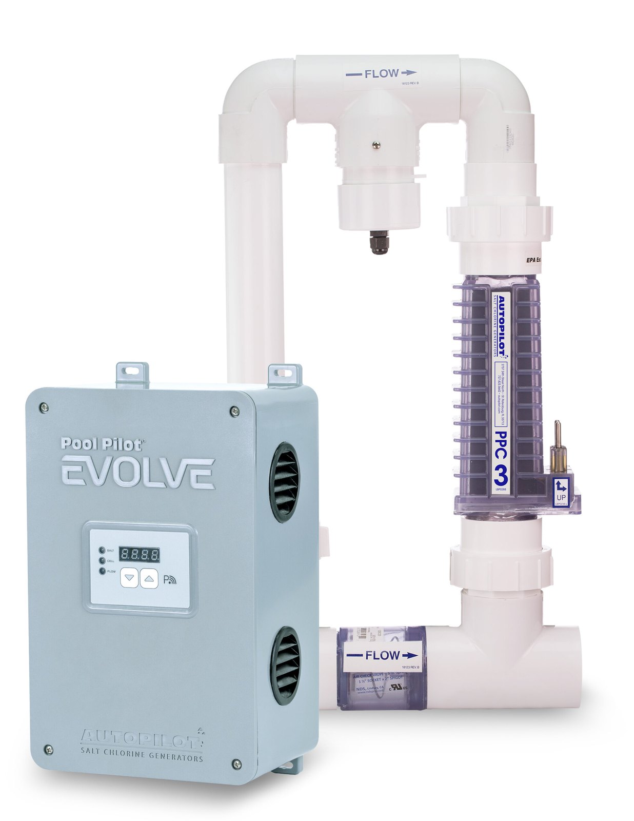 AutoPilot Pool Pilot EVOLVE — Manufacturer family photograph. Power center and manifold shown; bundled cell varies.