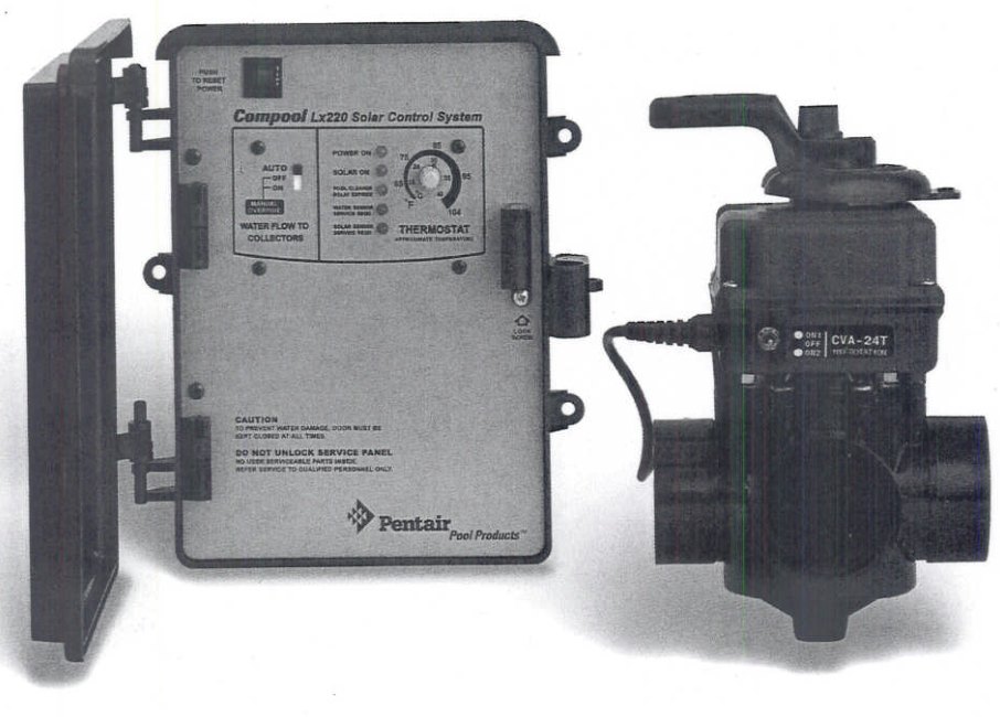 Compool Compool LX220 Solar Controller — Archived Pentair photograph of the LX220 solar control system, including a valve actuator.