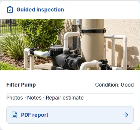 Example guided inspection with an equipment photo, Filter Pump condition, notes, repair estimate and PDF report