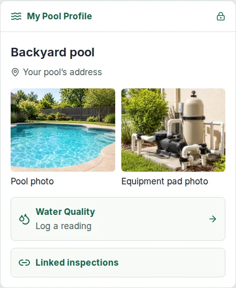 Example Pool Profile with address, pool and equipment photos, Water Quality and linked inspections