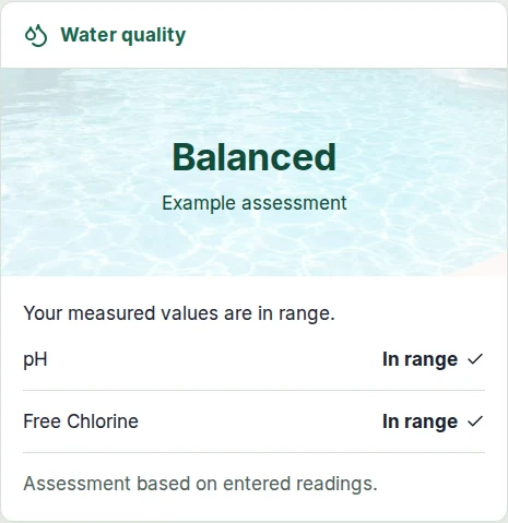 Example water assessment marked Balanced, with pH and free chlorine marked In range