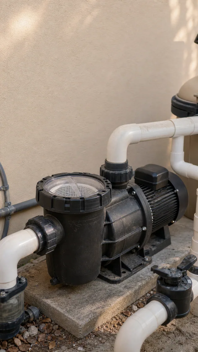 AI-generated close-up of a pool filter pump